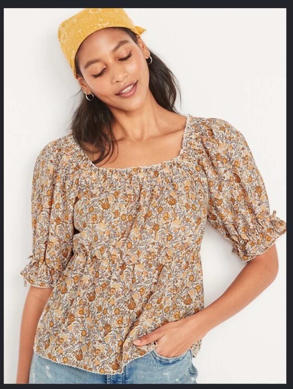 Old Navy Yellow Floral Smocked Peasant Blouse